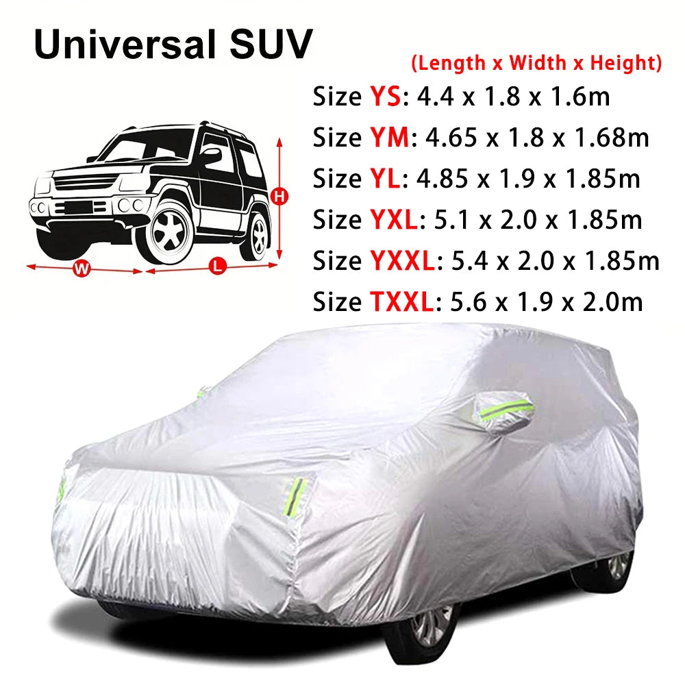 A white all-weather waterproof UV car cover shown draped over a SUV.