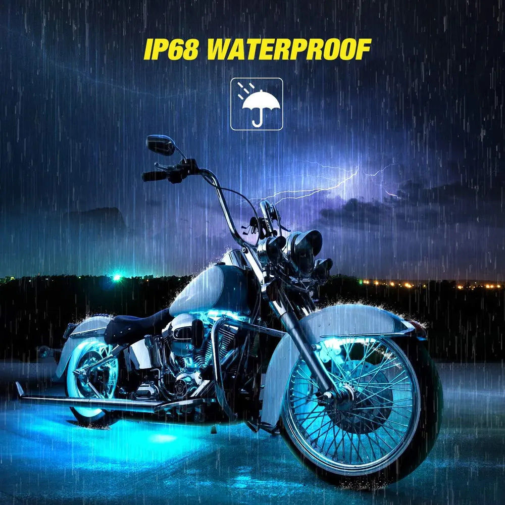 A motorcycle is shown under heavy rain with bright blue LED lights illuminating the scene.