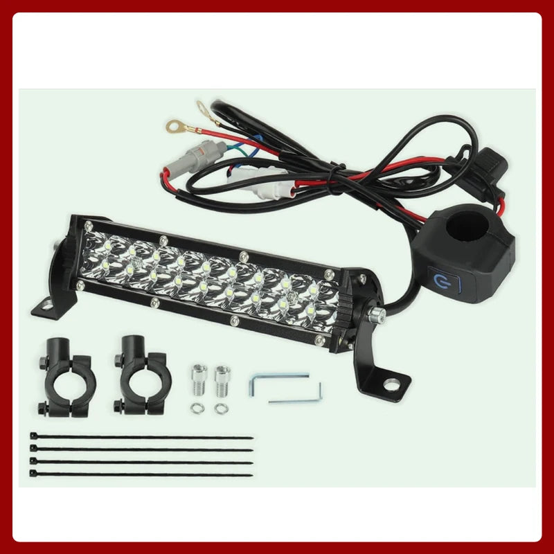 A motorcycle LED light bar kit showing the main bar, wiring harness, and mounting hardware.