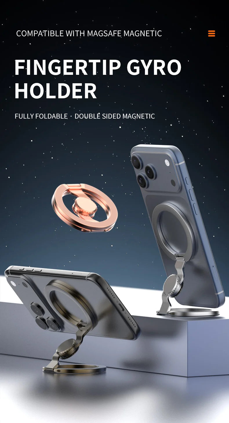 A close-up view of a foldable magnetic phone grip and ring holder designed for MagSafe compatible phones.