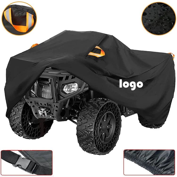 Cubierta protectora resistente de color negro para ATV o quad, con detalles del logo y textura del material.