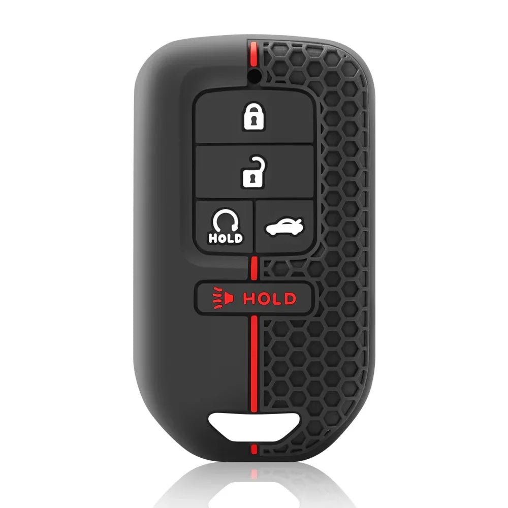 Black silicone car key cover with three buttons labeled Lock, Unlock, and Hold