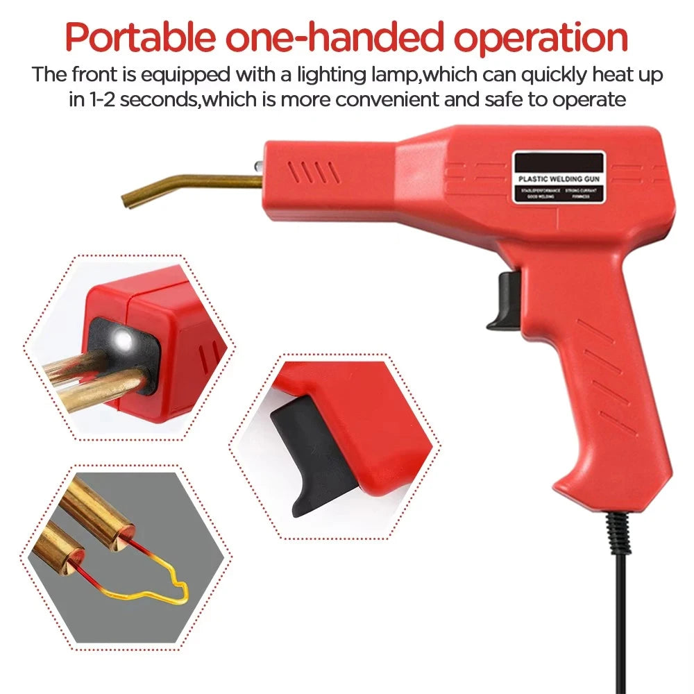 A red portable one-handed plastic welding gun with a heating lamp and attached wire, shown next to its components.