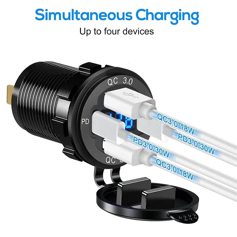 Black multi-port car charger adapter with four USB ports for simultaneous charging