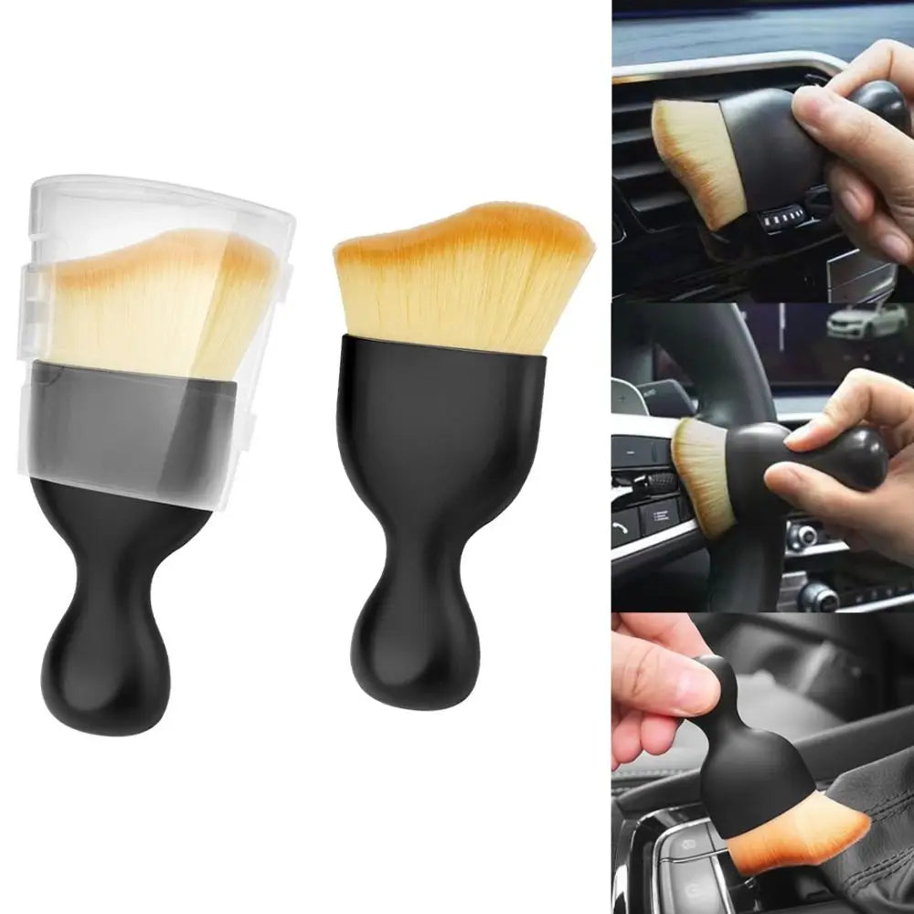 A curved silicone car interior cleaning brush with a wooden-colored bristles and black handle shown in various angles.