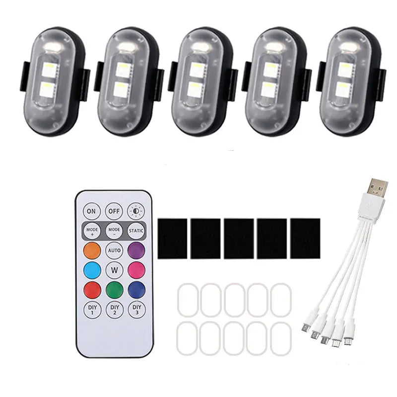 Set von Mehrfach-LED-Stroboskoplichtern mit Fernbedienung und verschiedenen Lichtmodi.