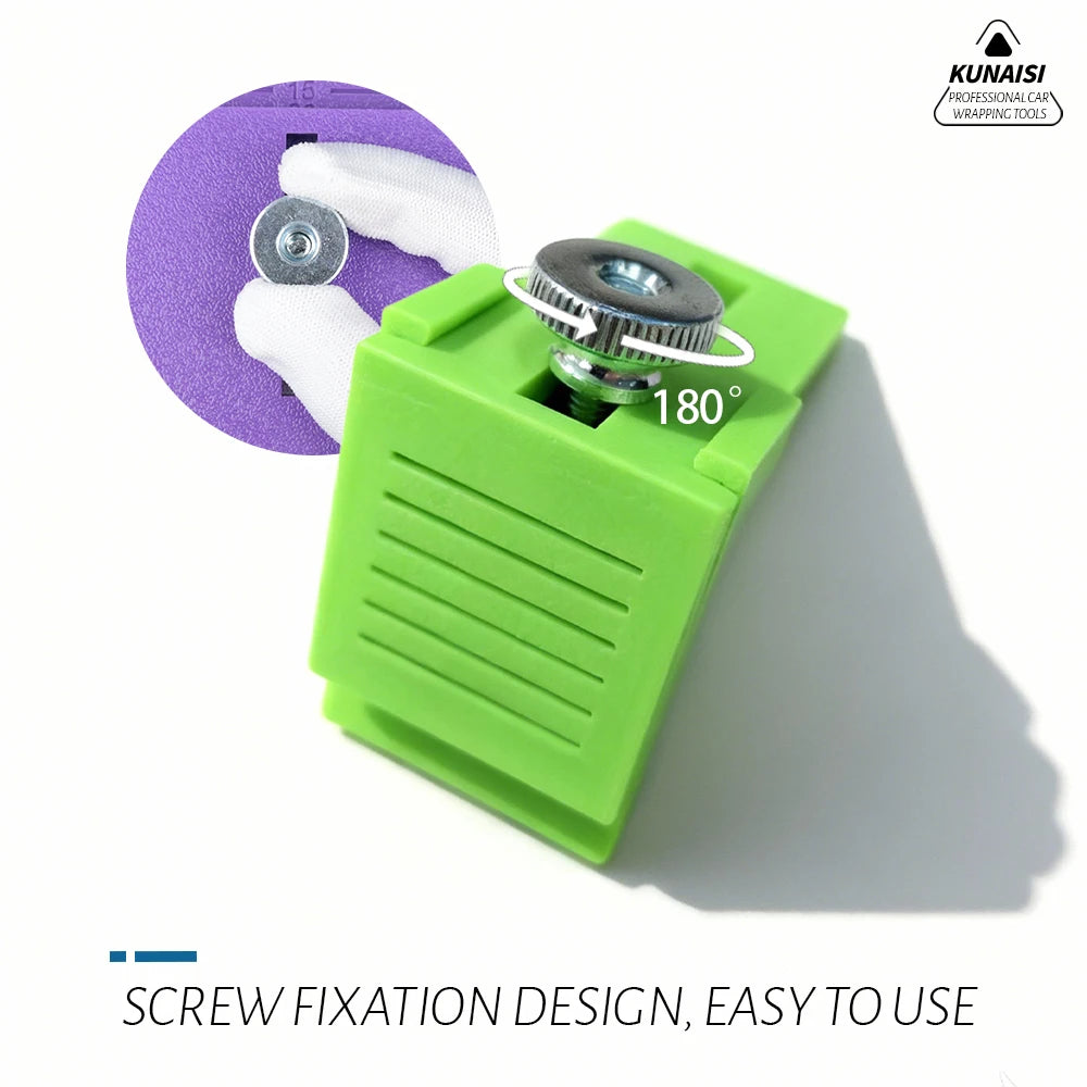 A green tool for screw fixation design used to cut vinyl film edges, shown with a purple disc and white cloth.