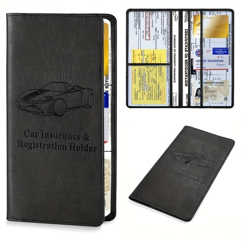 A black faux leather car document organizer with a clear sleeve showing various insurance and registration documents.