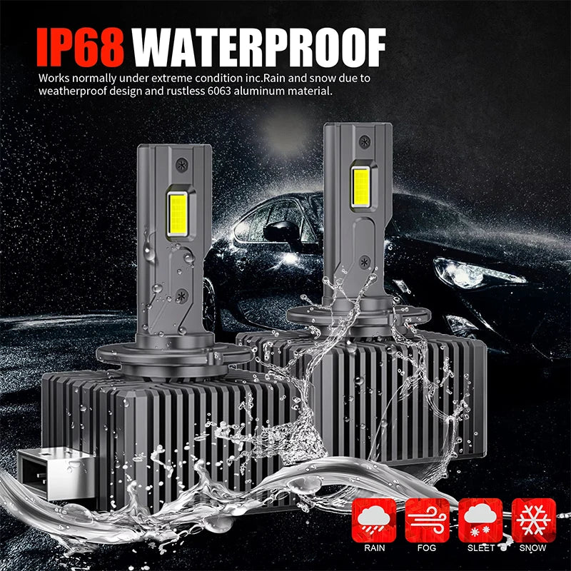 Two IP68 waterproof automotive LED upgrade bulbs are shown being tested against rain, fog, and snow.