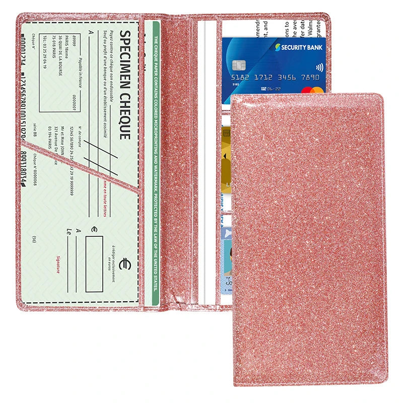 Rosa Leder-Karteikorb mit Prüfungscheck und Bankdetails.