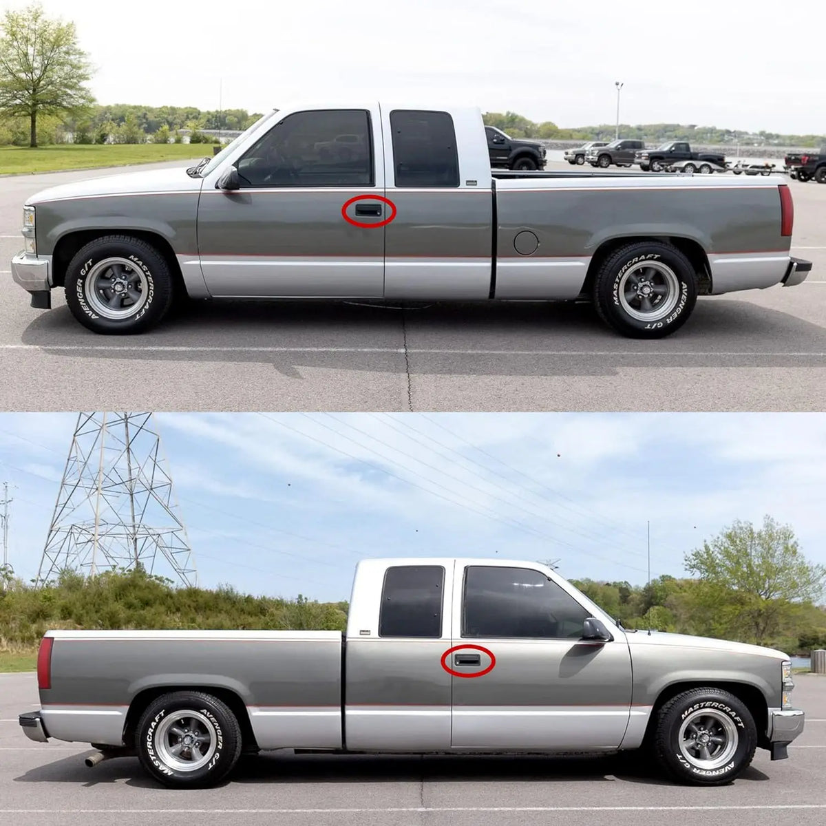 A silver pickup truck with replacement exterior door handles installed on the side.