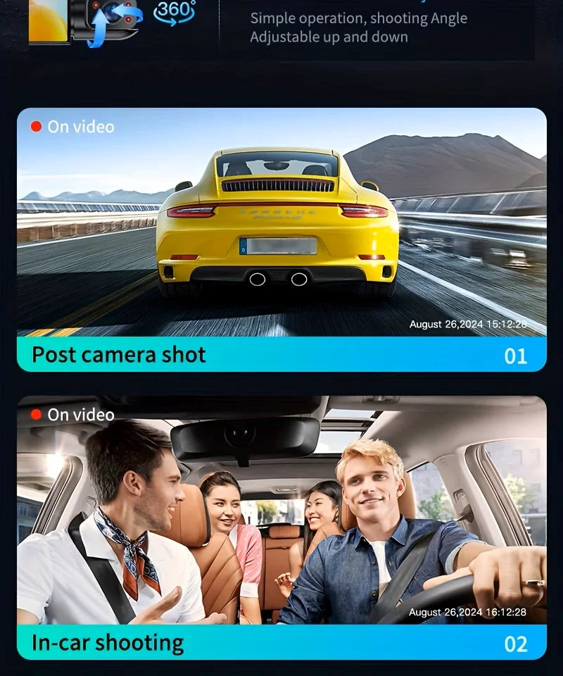 A series of screenshots showing various driving and in-car shots captured by a dual-lens dashcam.