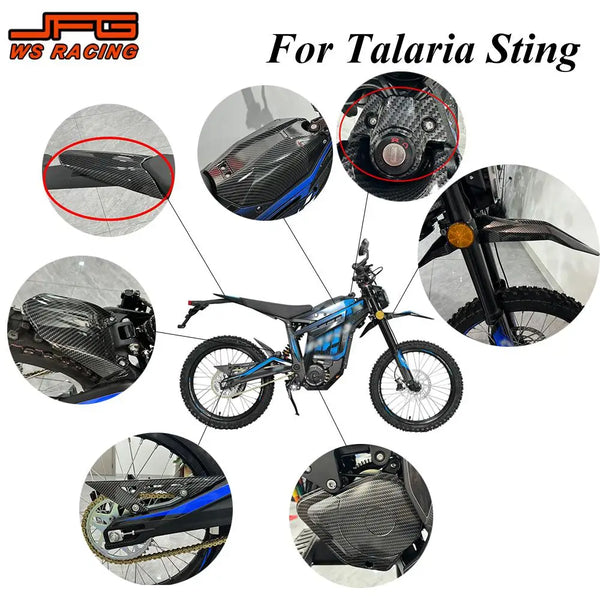 A set of motorcycle mudguards and protection kits for Talaria models, showing various components and installation views.
