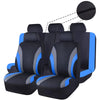 Black car seat covers with blue accents shown in a row, highlighting the breathable fabric detail.