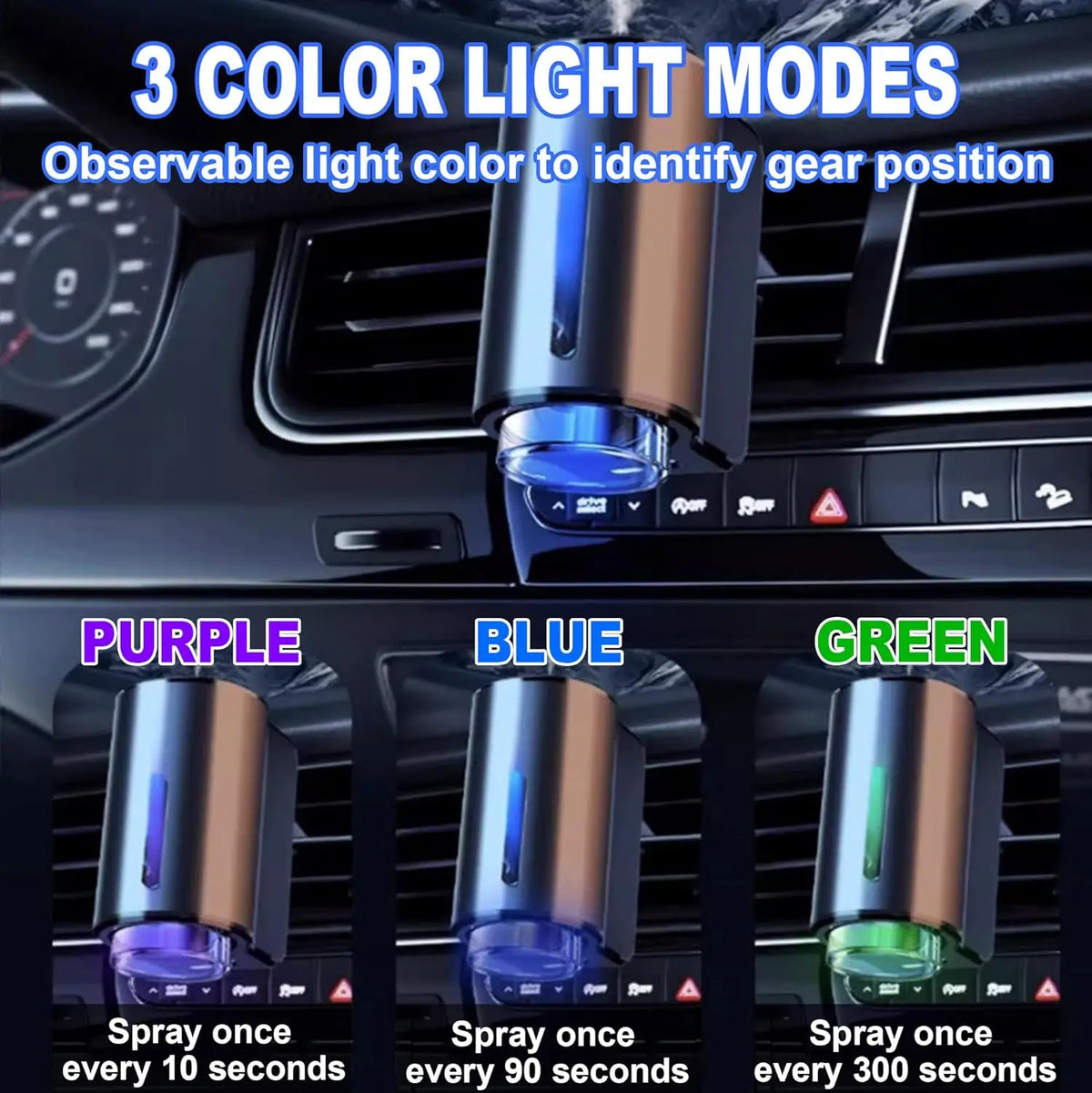 Three color light modes purple blue and green for identifying gear position on a car air freshener diffuser