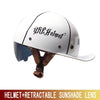White half helmet with a retractable sunglass lens featuring black script text