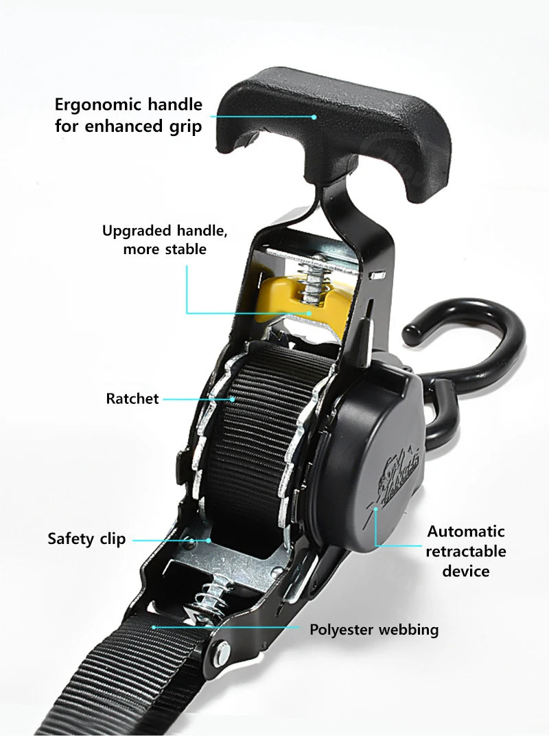 Close-up view of a black heavy duty automatic retractable ratchet strap with an ergonomic handle and safety clip.