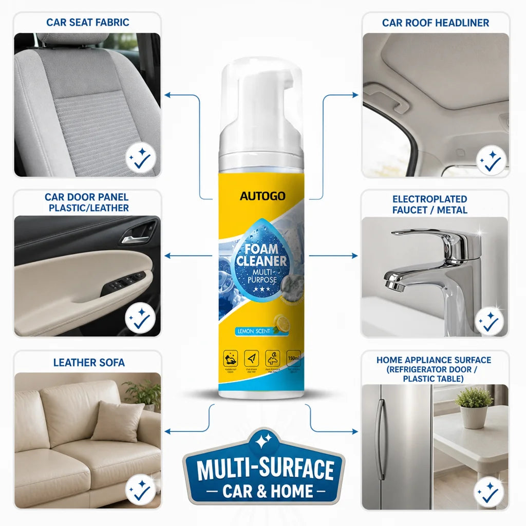 A bottle of multi-purpose foam cleaner with a lemon scent shown alongside various car and home cleaning applications.