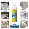 A bottle of multi-purpose foam cleaner with a lemon scent shown alongside various car and home cleaning applications.