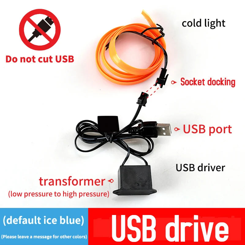 A black USB driver and transformer are shown next to a flexible LED strip with a socket docking connector.