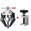 A heavy-duty wiper arm removal tool with a metal clamp and a red handle, shown next to the disassembled tool.