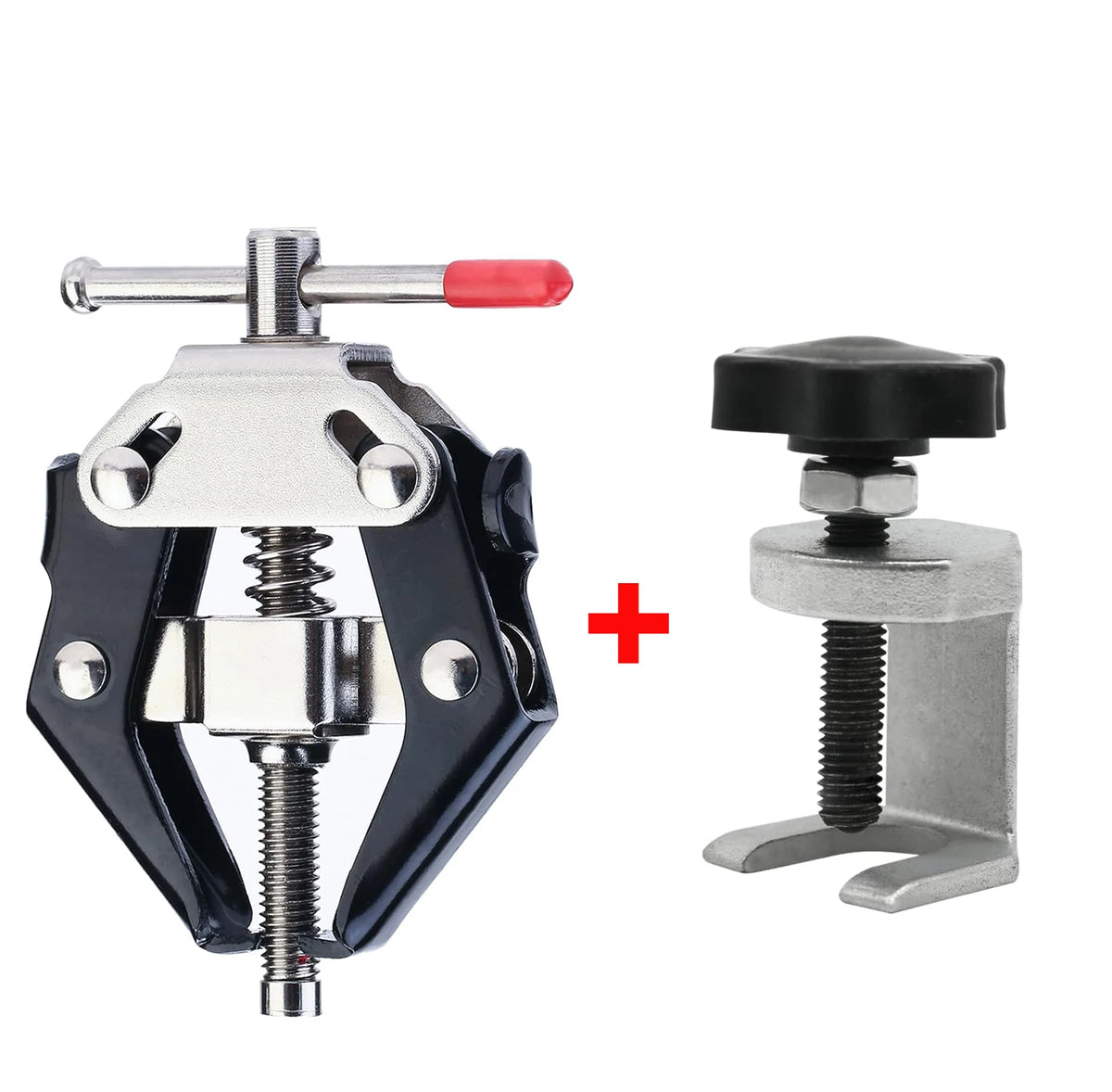 A heavy-duty wiper arm removal tool with a metal clamp and a red handle, shown next to the disassembled tool.