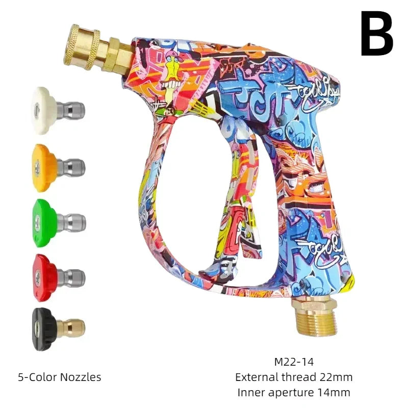 A high-pressure foam water gun kit with a colorful plastic body and multiple colored nozzles.
