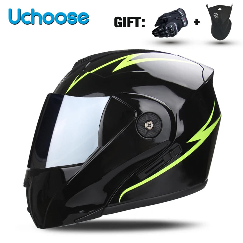 Black Uchoose DOT certified double lens flip-up motorcycle helmet with a gift