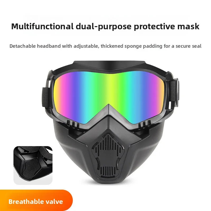 A black multifunctional dual-purpose protective mask with a vibrant iridescent lens and a detachable headband.