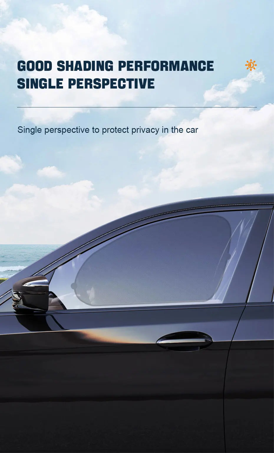 A close-up view of a dark car side window with a protective shading film applied, demonstrating good shading performance.