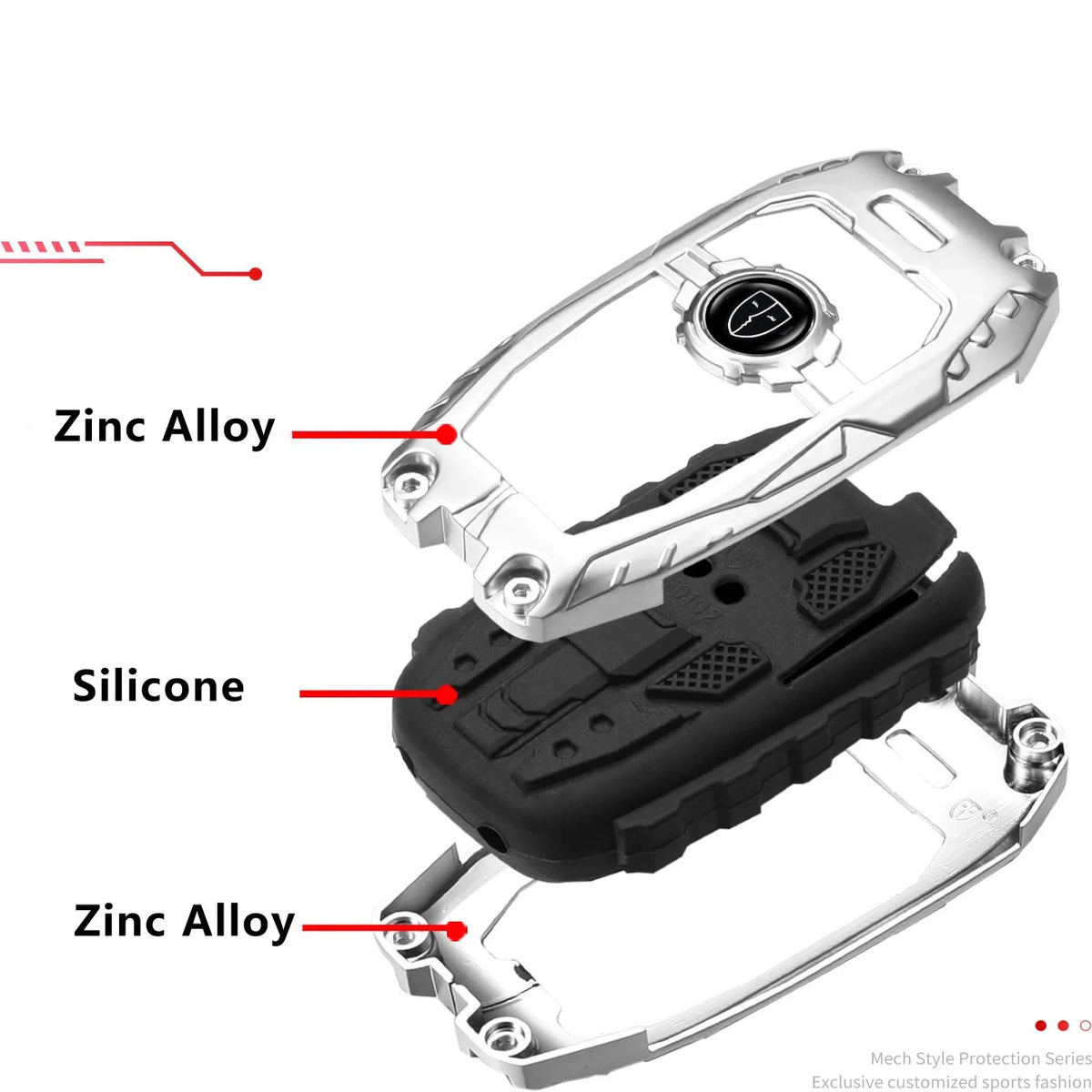 A set of protective covers made of zinc alloy and silicone for a universal car key fob.