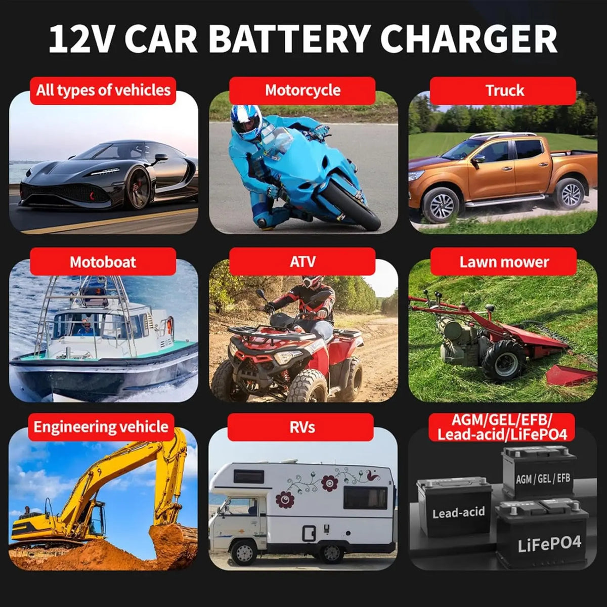 A collection of 12V car battery chargers shown for various vehicles including motorcycles, trucks, motorboats, ATVs, lawn mow