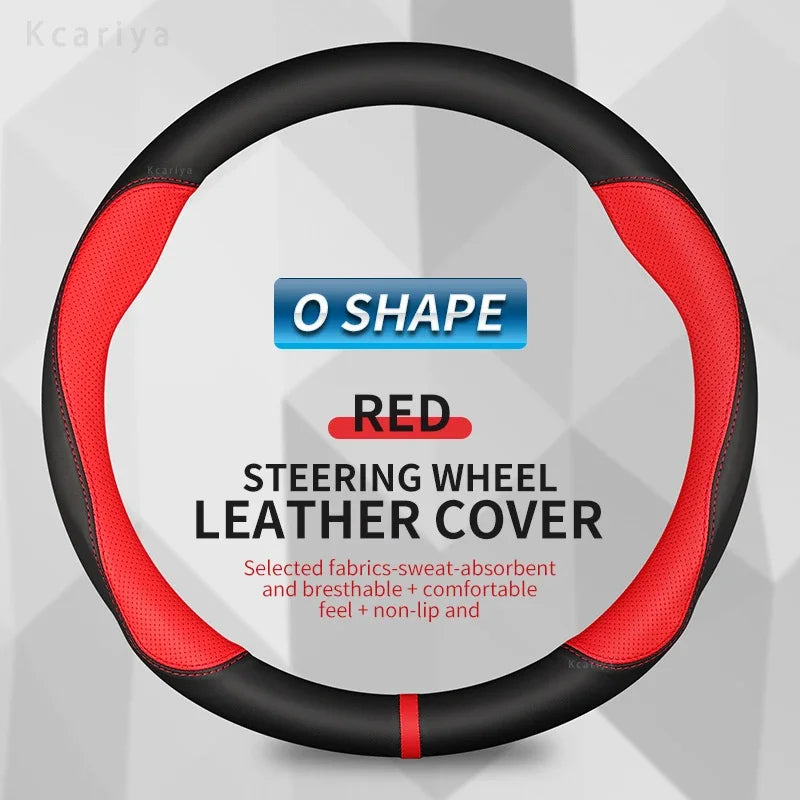 Red leather cover for an O shape steering wheel, featuring a black rim and red accents.