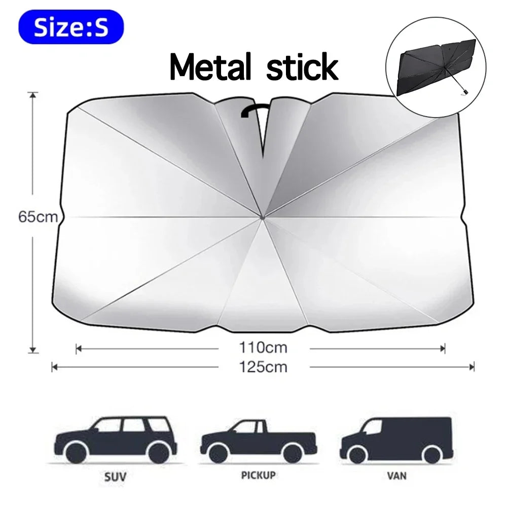 A silver metal stick foldable car windshield sunshade shown with various vehicle types.