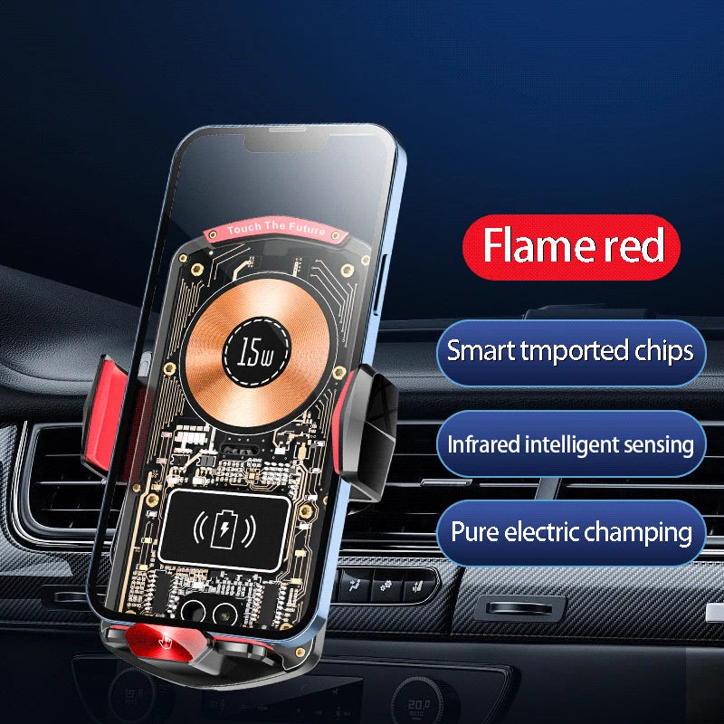 A magnetic wireless car charger device with flame red accents and smart imported chips is shown in a car interior context.