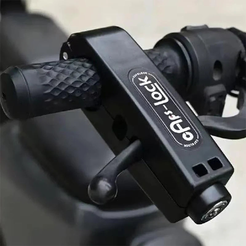 A black universal motorcycle handlebar security lock is shown in a close-up view.