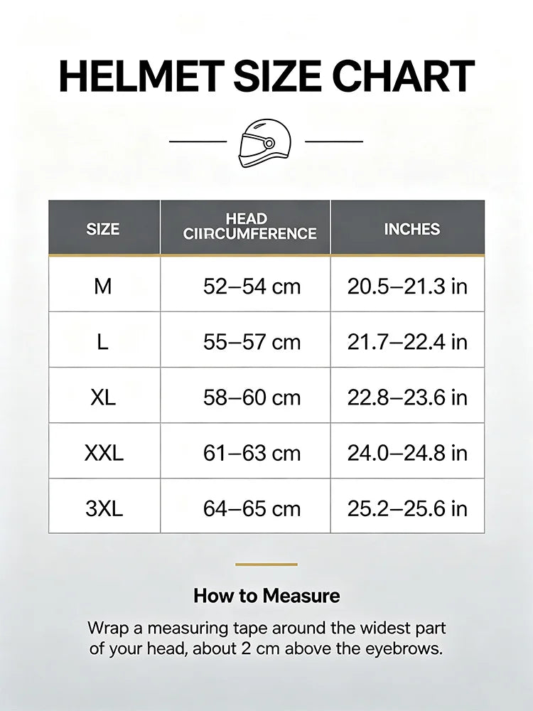 Helmet size chart showing measurements for M, L, XL, XXL, and 3XL sizes in centimeters and inches.
