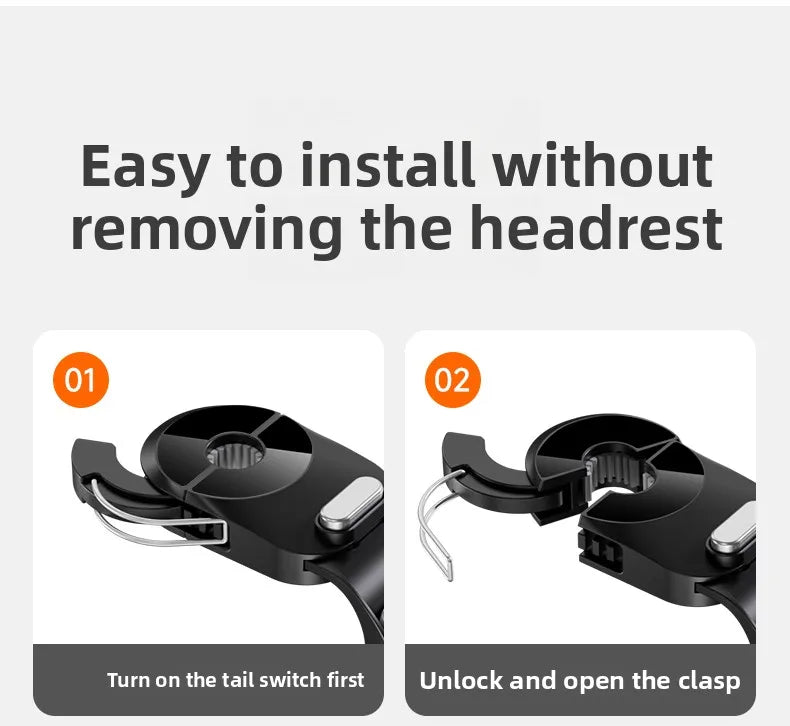 Two steps for installation showing how to turn on the tail switch and unlock the clasp of a car seat back organizer hook.