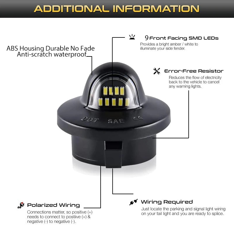 Black high-intensity LED license plate lights with DOT SAE wiring for Ford trucks