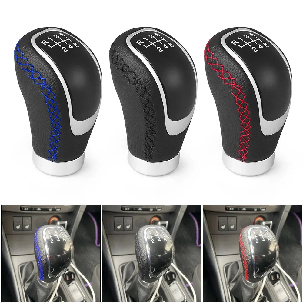 Three views of a black manual gear shift knob with blue and red speed covers shown in a car interior context.