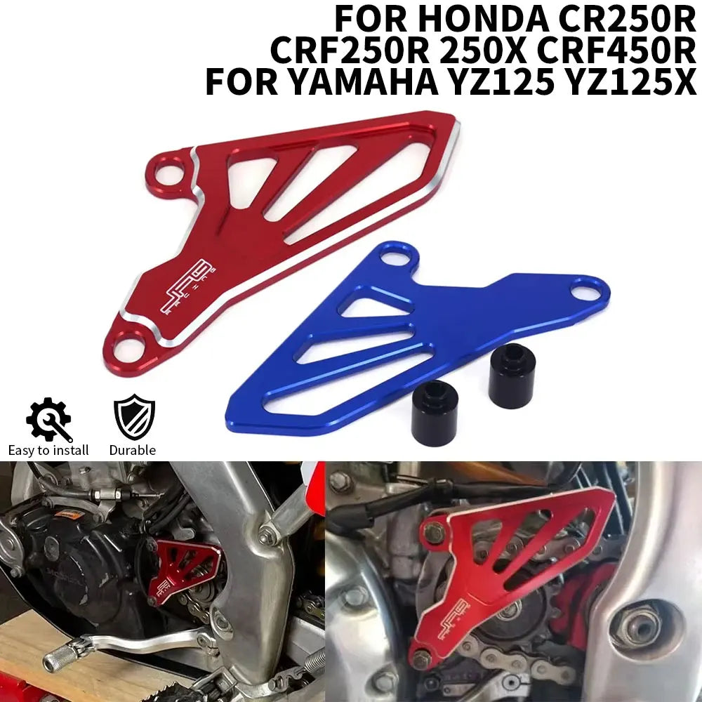 CNC aluminum front sprocket cover for Honda CR250R and Yamaha YZ125/YZ125X dirt bikes in red and blue colors