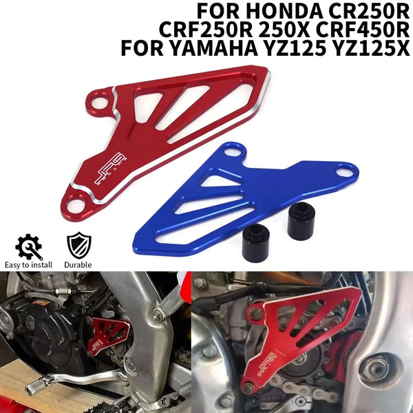 CNC aluminum front sprocket cover for Honda CR250R and Yamaha YZ125/YZ125X dirt bikes in red and blue colors