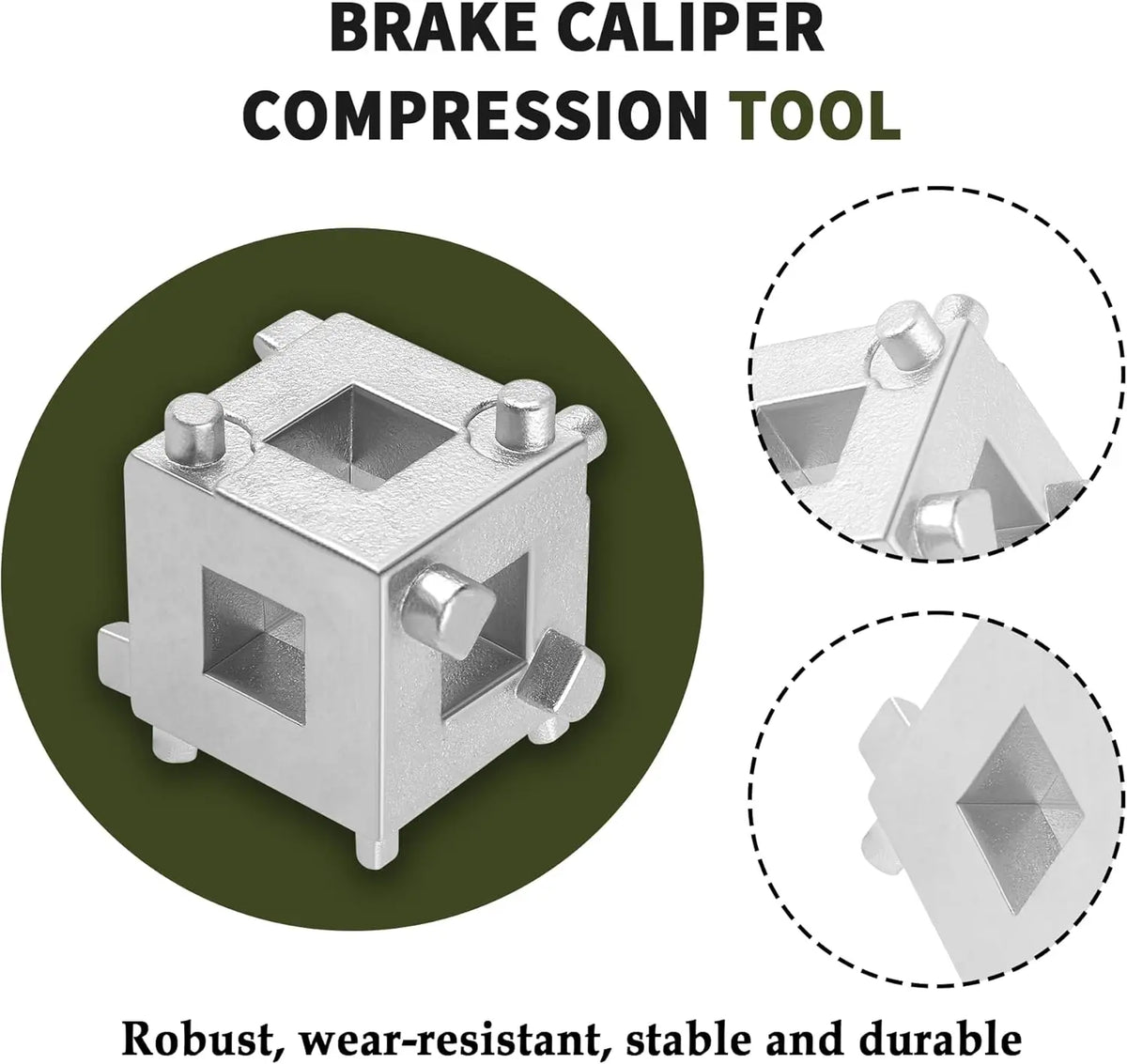 A silver cube-shaped brake caliper compression tool with various piston tips shown in detail.