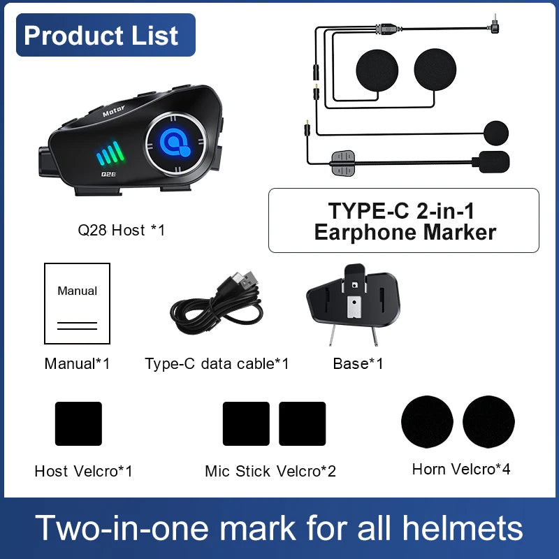 A product list showing an Q28 Host, a Type-C 2-in-1 Earphone Marker, and various accessories for helmets.