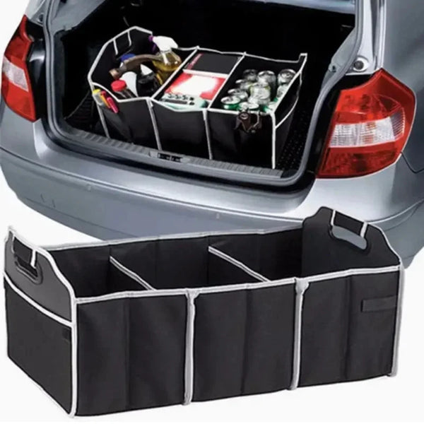 A black universal car trunk organizer bag is shown inside a car trunk, holding various items.