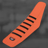 An orange universal motorcycle seat cover with black straps, shown in a profile view.