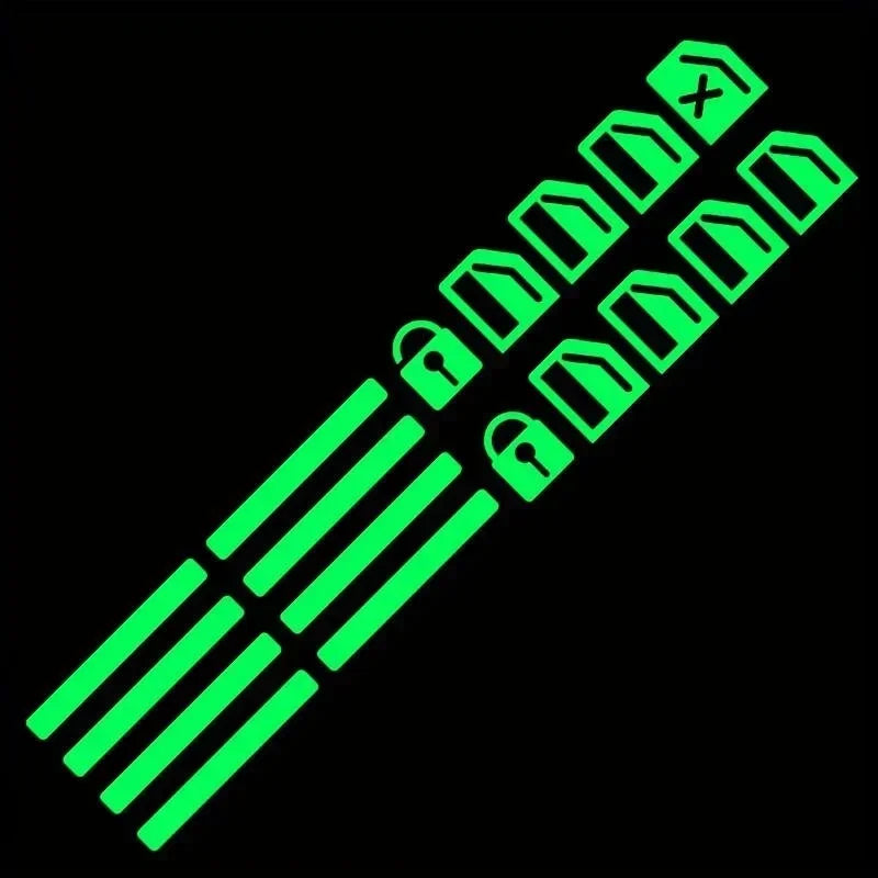 A row of green luminous car window button decals arranged diagonally against a black background.