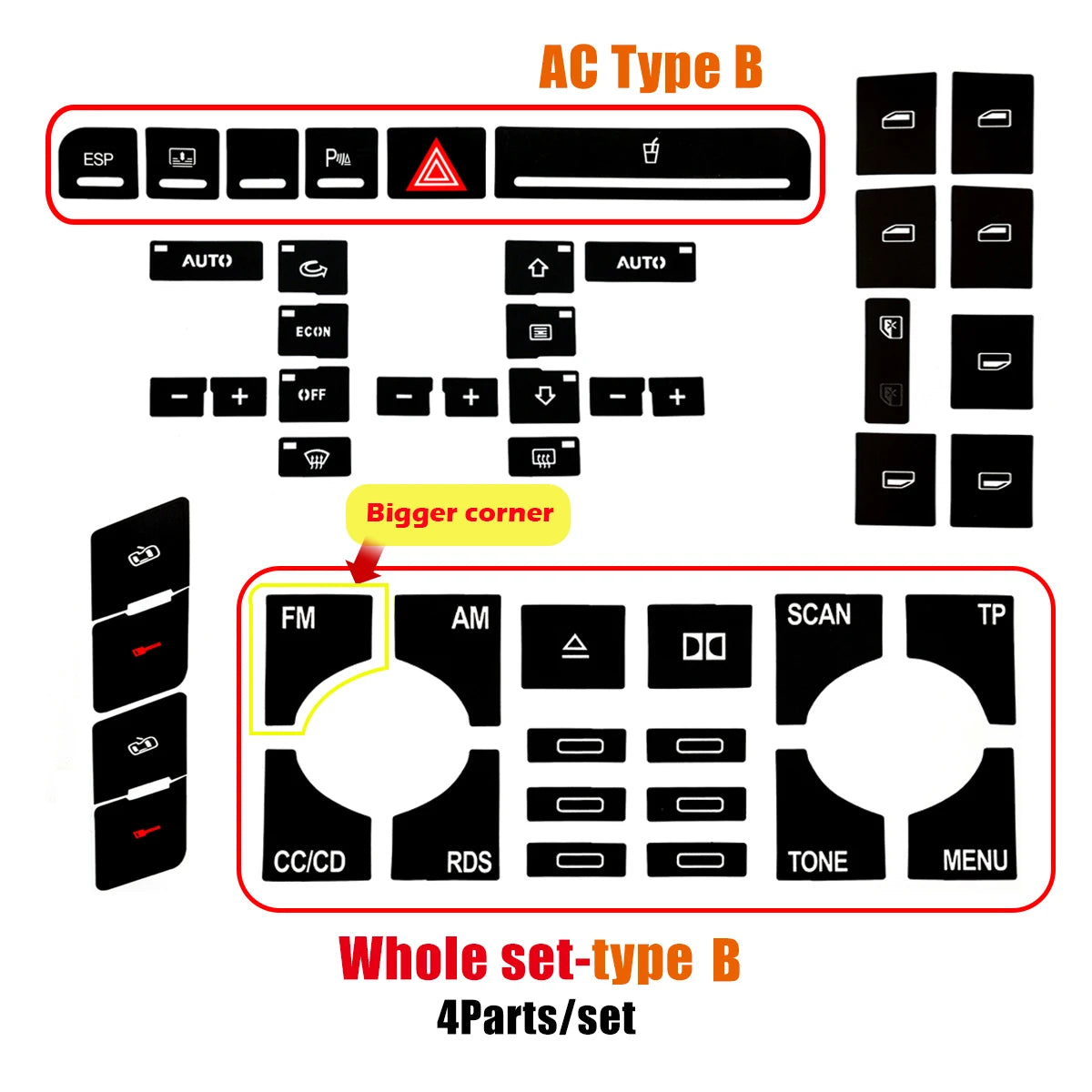 Diagram showing the components of an AC Type B Whole set-type B 4Parts/set repair kit for a power window switch.