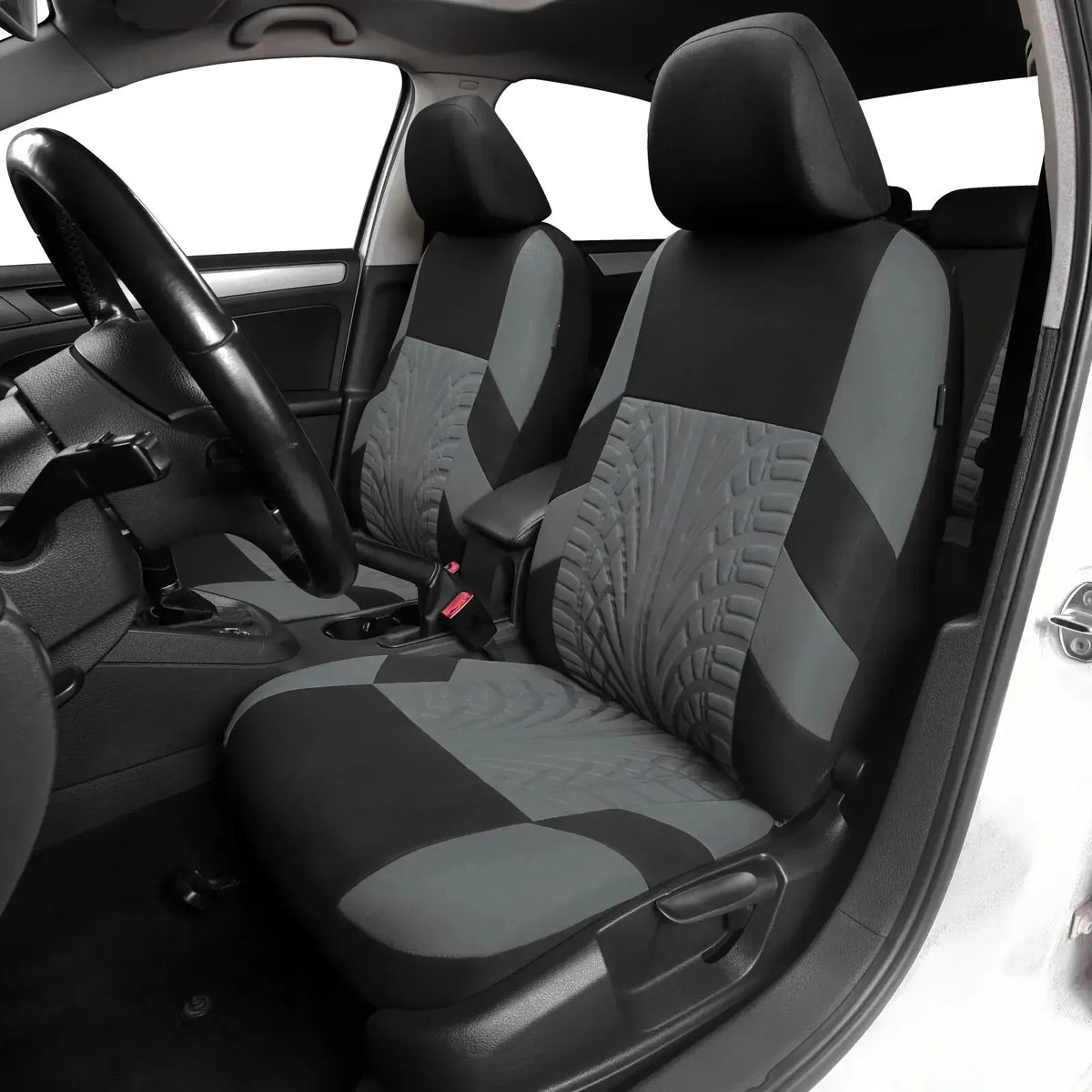 Black car seat covers installed on a vehicle, showing front and rear bench seats.