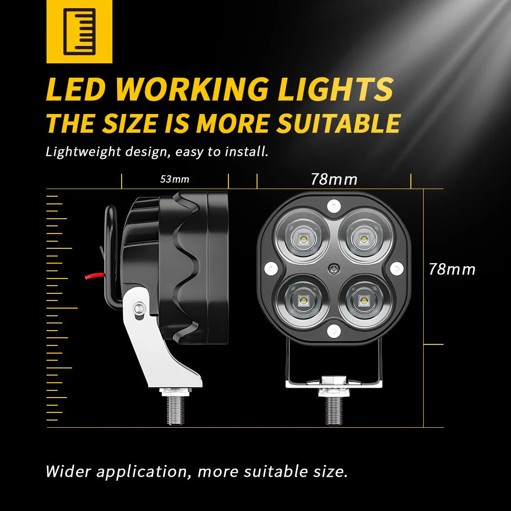 Comparación del tamaño de luces LED de trabajo, ilustrando un diseño más ligero para una aplicación más amplia.